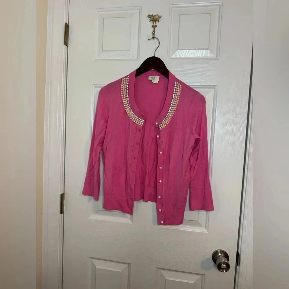Kate Spade cardigan size medium pearl beaded Tula pink white - Picture 1 of 6